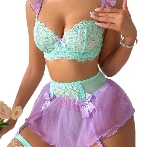 Lace Bralette Set - Damen Sexy Spitzen-Erotik-Set Schleife Stickerei Lingerie